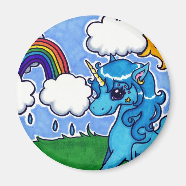 Flying Blue Unicorn mit Regenbogen Magnet (Vorne)