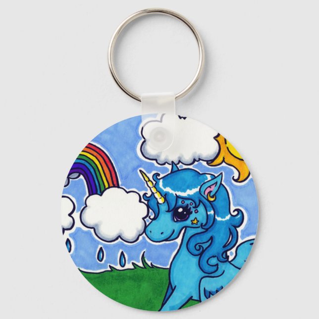 Flying Blue Unicorn mit Regenbogen Schlüsselanhänger (Vorderseite)