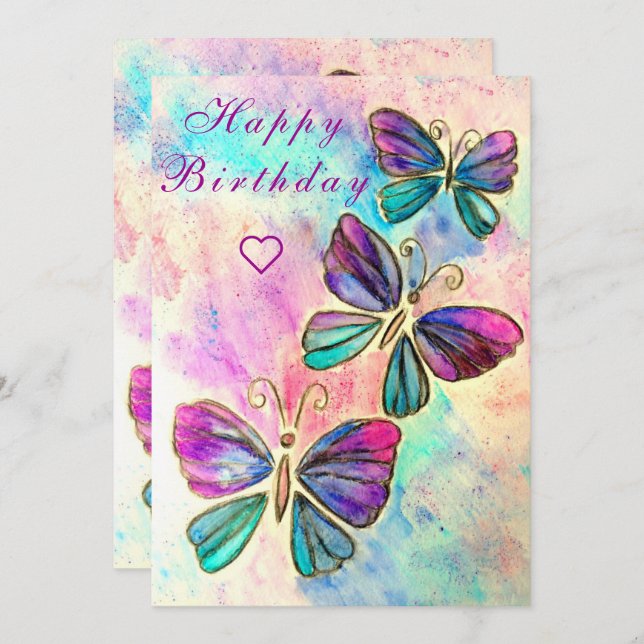 Flying Butterflies Happy Birthday Card Wasserfarbe (Vorne/Hinten)