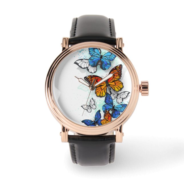 Flying Butterflies Morpho und Monarch Armbanduhr (Vorderseite)