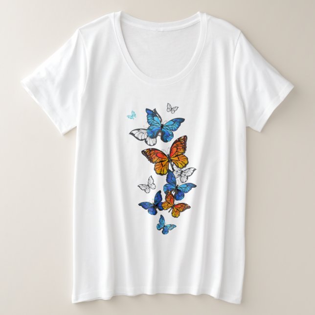Flying Butterflies Morpho und Monarch Große Größe T-Shirt (Design vorne)