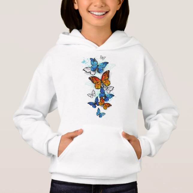 Flying Butterflies Morpho und Monarch Hoodie (Vorderseite)