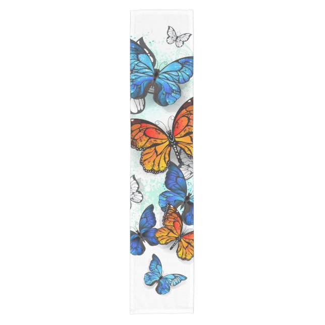 Flying Butterflies Morpho und Monarch Kurzer Tischläufer (Vorderseite)