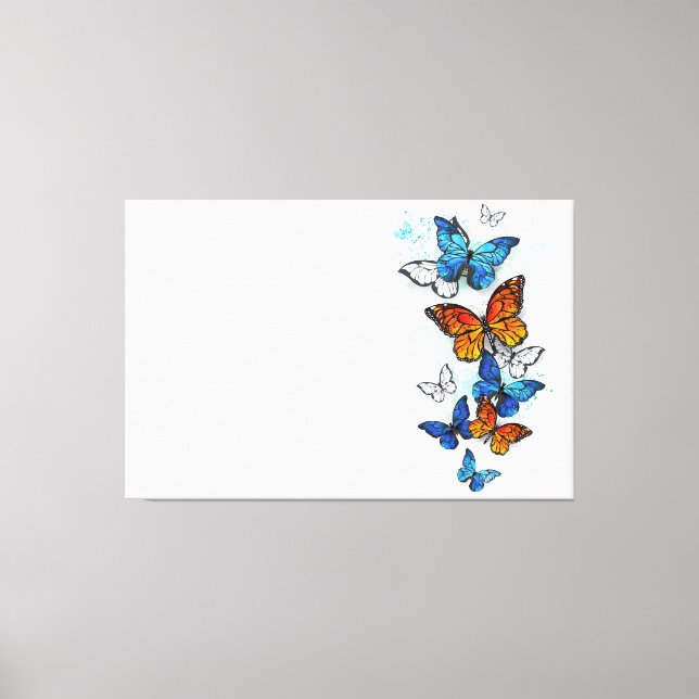 Flying Butterflies Morpho und Monarch Leinwanddruck (Vorderseite)