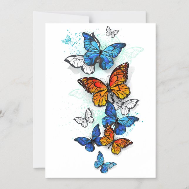 Flying Butterflies Morpho und Monarch Magneteinladung (Vorderseite)