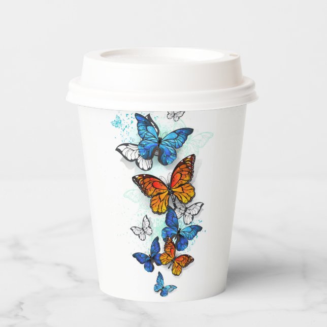 Flying Butterflies Morpho und Monarch Pappbecher (Vorderseite)