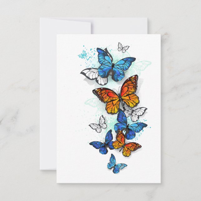 Flying Butterflies Morpho und Monarch RSVP Karte (Vorderseite)