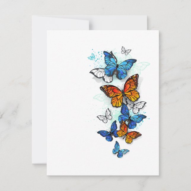 Flying Butterflies Morpho und Monarch RSVP Karte (Vorderseite)