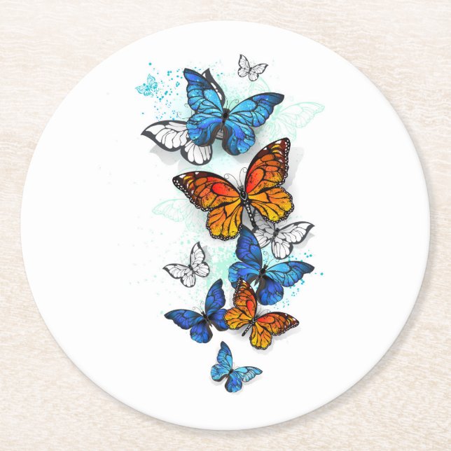 Flying Butterflies Morpho und Monarch Runder Pappuntersetzer (Vorderseite)