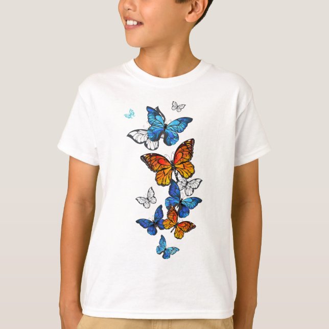Flying Butterflies Morpho und Monarch T-Shirt (Vorderseite)