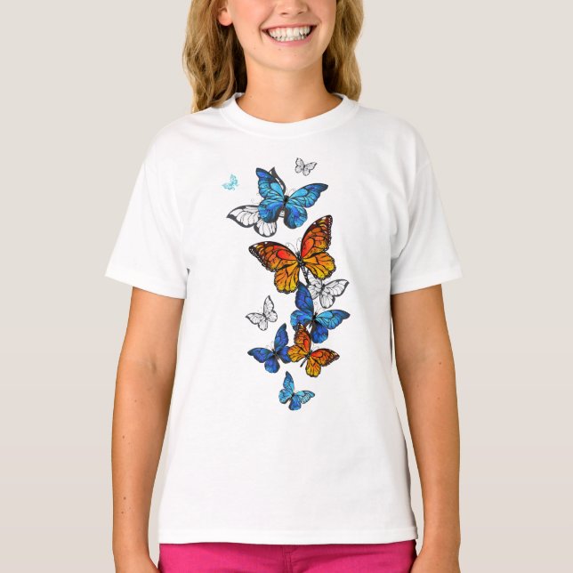 Flying Butterflies Morpho und Monarch T-Shirt (Vorderseite)