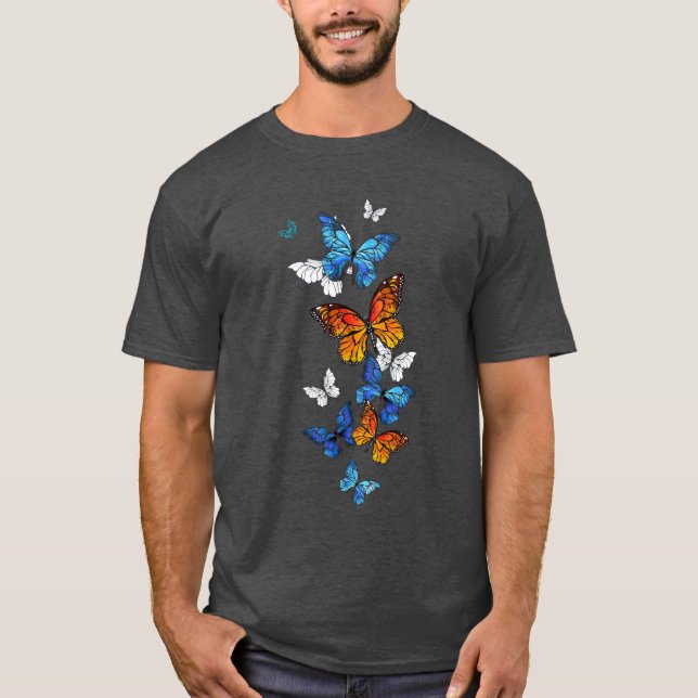 Flying Butterflies Morpho und Monarch T-Shirt (Vorderseite)
