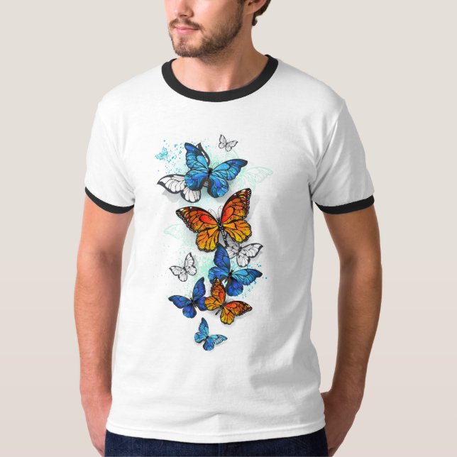 Flying Butterflies Morpho und Monarch T-Shirt (Vorderseite)