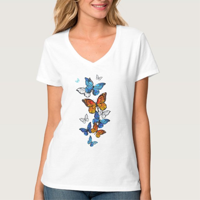 Flying Butterflies Morpho und Monarch T-Shirt (Vorderseite)