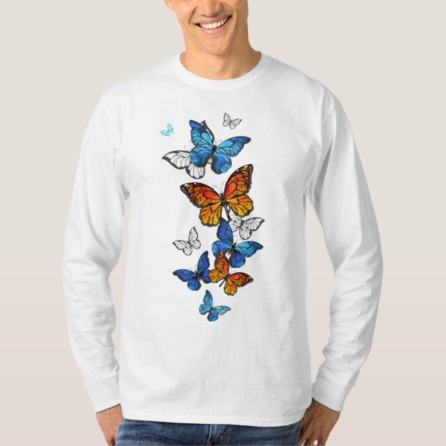 Flying Butterflies Morpho und Monarch T-Shirt (Vorderseite)