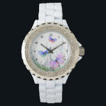 Flying Butterflies Watch Armbanduhr<br><div class="desc">Uhren mit Spring Joy - Farbenfrohe Schmetterlinge fliegen in der Natur Wasserfarbe Schmetterling und Blume beobachten - Anpassbar - oder wählen / Ihren Lieblingstext hinzufügen / Farbe - Machen Sie Ihr einzigartiges Geschenk - Vergrössern und verschieben oder entfernen und fügen Sie Elemente mit dem Anpassungs-Tool hinzu! - Zeichn und Design...</div>