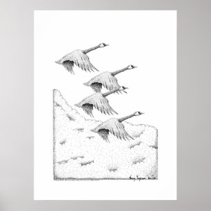 Flying Canada Gänse Pen and Ink Zeichnend Poster