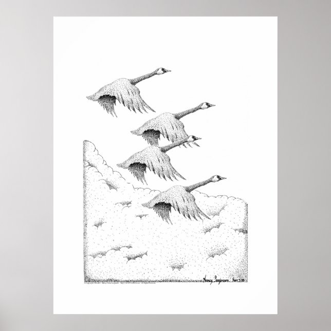 Flying Canada Gänse Pen and Ink Zeichnend Poster (Vorne)