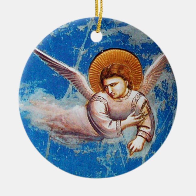 FLYING CHRISTMAS ANGEL IN BLAUEM HIMMEL, BLUMENKRO KERAMIK ORNAMENT (Vorne)