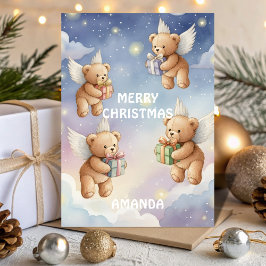 Flying Christmas Teddy Bears Kids Card Feiertagskarte