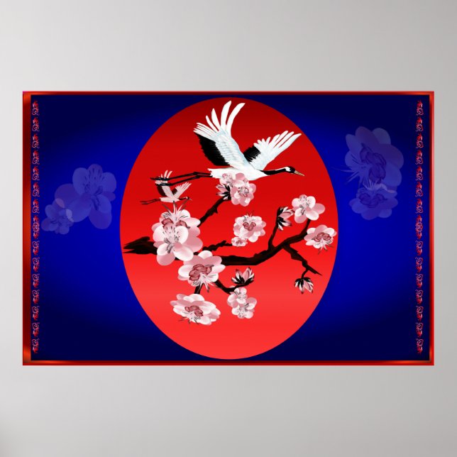 Flying Crane and Sun(Mitternachtsblau)Garten Poster (Vorne)