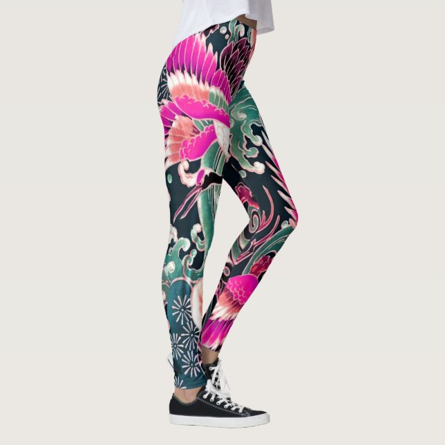FLYING CRANES WAVES, BLUME Pink Japanisch Blumenst Leggings (Rechts)