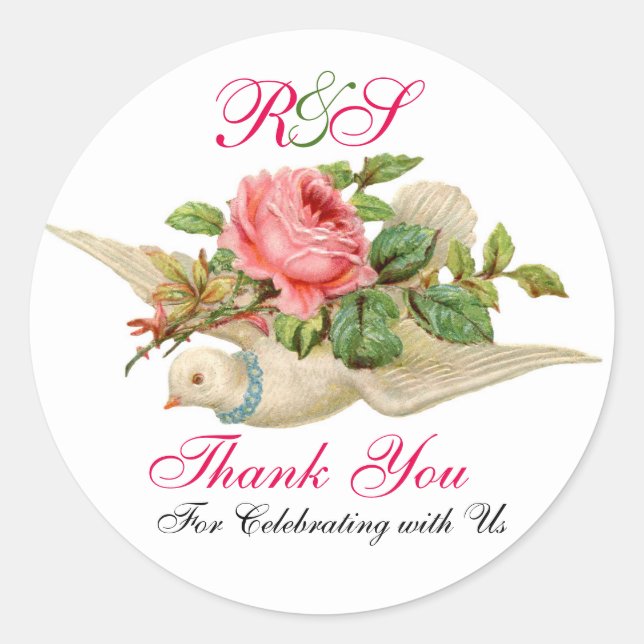 FLYING DOVE MIT PINK ROSE Danke Monogram Runder Aufkleber (Vorderseite)