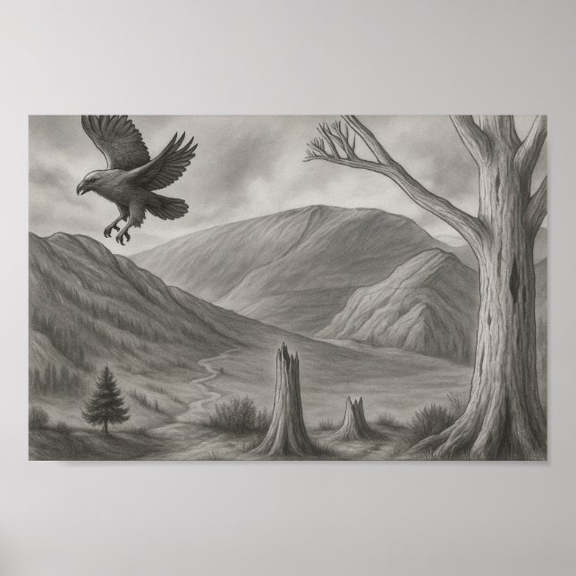Flying Free – Monochrome Wilderness Sketch Art Poster (Vorne)