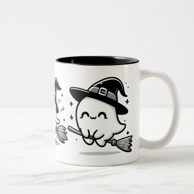 Flying Ghost Witch on Broom Halloween Mug | Double Zweifarbige Tasse (Rechts)