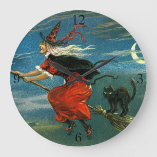 Flying Halloween Witch with Cat Große Wanduhr