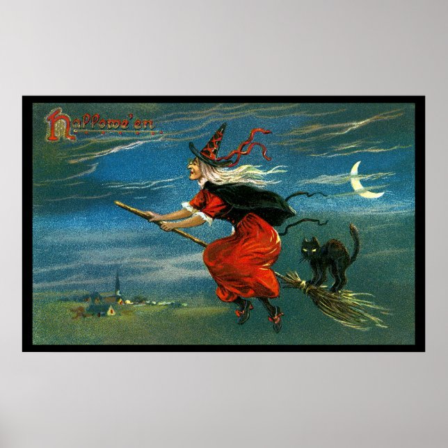 Flying Halloween Witch with Cat Poster (Vorne)