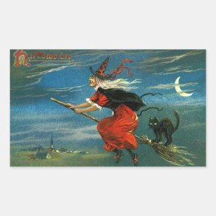 Flying Halloween Witch with Cat Rechteckiger Aufkleber