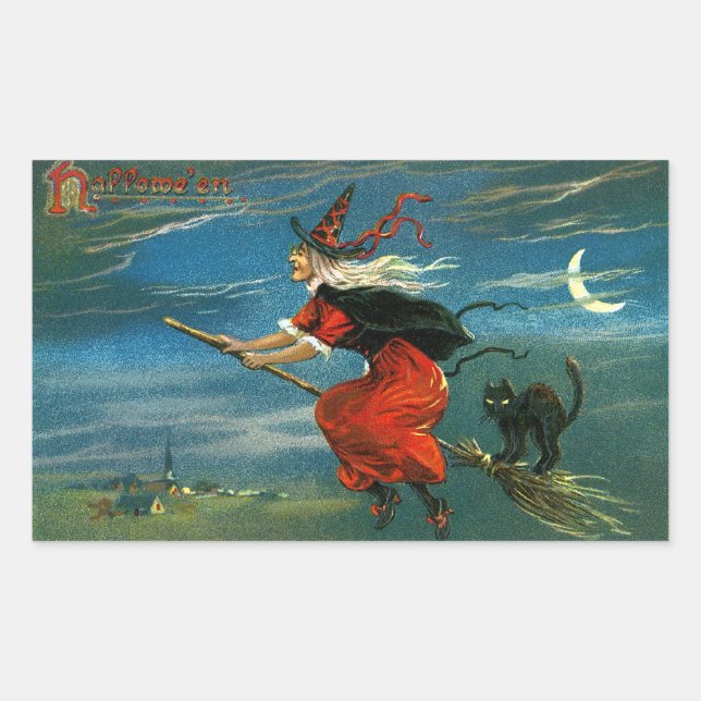 Flying Halloween Witch with Cat Rechteckiger Aufkleber (Vorderseite)