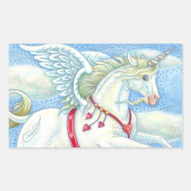 FLYING HEARS WHITE UNICORN, FANTASY PEGASUS RECHTECKIGER AUFKLEBER (Vorderseite)