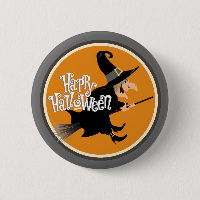 Flying Hexe auf Broom Halloween Button (Vorderseite)