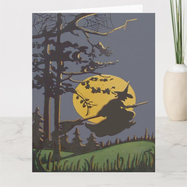 Flying Hexe Silhouette Vollmond Spiderweb Karte (Vorderseite)