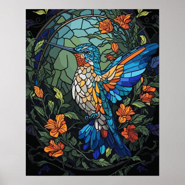 Flying Humming Bird farbenfroh gesteinigtes Glas Poster (Vorne)