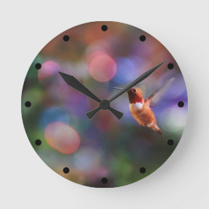 Flying Hummingbird and Colorful Background Runde Wanduhr