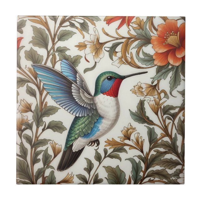 Flying Hummingbird William Morris Inspired Fliese (Vorderseite)