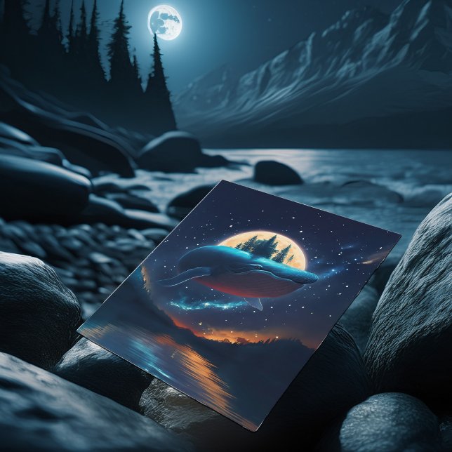 Flying Humpback Whale Moonlight Sea Starry Forests Postkarte (Von Creator hochgeladen)