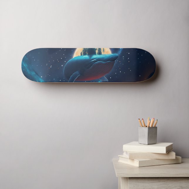 Flying Humpback Whale Moonlight Sea Starry Forests Skateboard (Wandkunst (Horz))