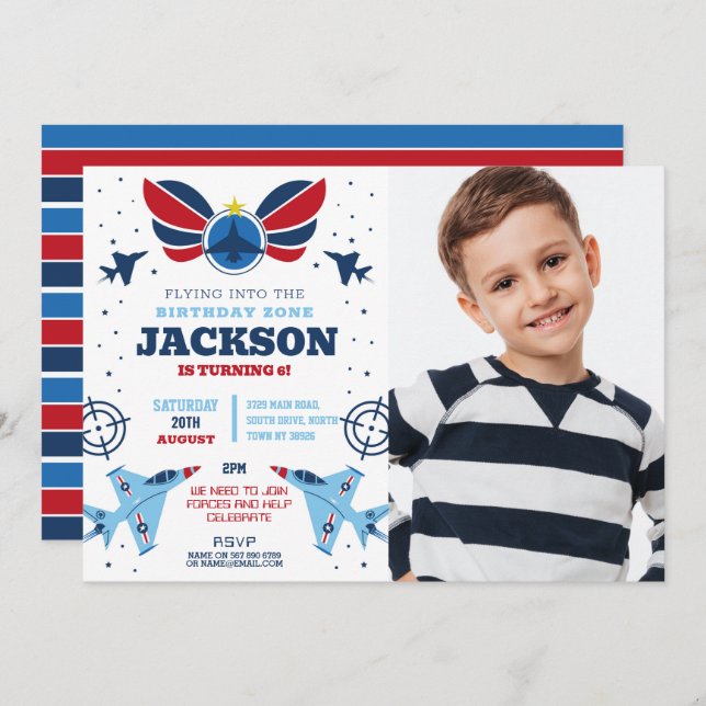 Flying Jet Birthday Boy Flugzeug Army Foto Forces Einladung (Vorne/Hinten)
