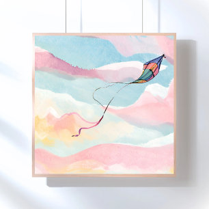 Flying Kite   Airy Watercolor Sky Painting Poster