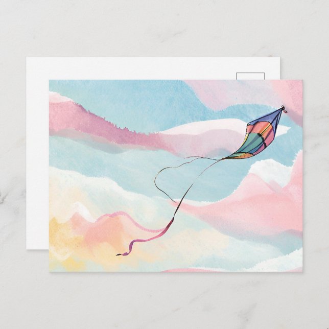 Flying Kite | Airy Watercolor Sky Postkarte (Vorne/Hinten)