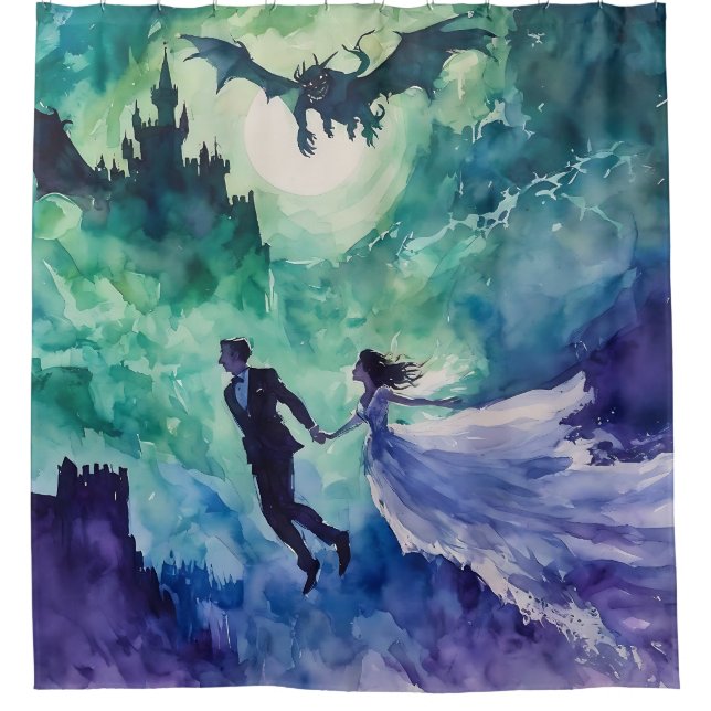 Flying Lovers - Aquarellmalerei Duschvorhang (Vorderseite)