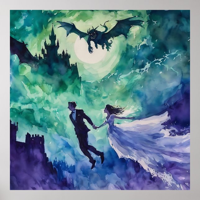 Flying Lovers - Aquarellmalerei Poster (Vorne)