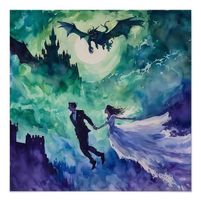 Flying Lovers - Aquarellmalerei Poster (Vorderseite)
