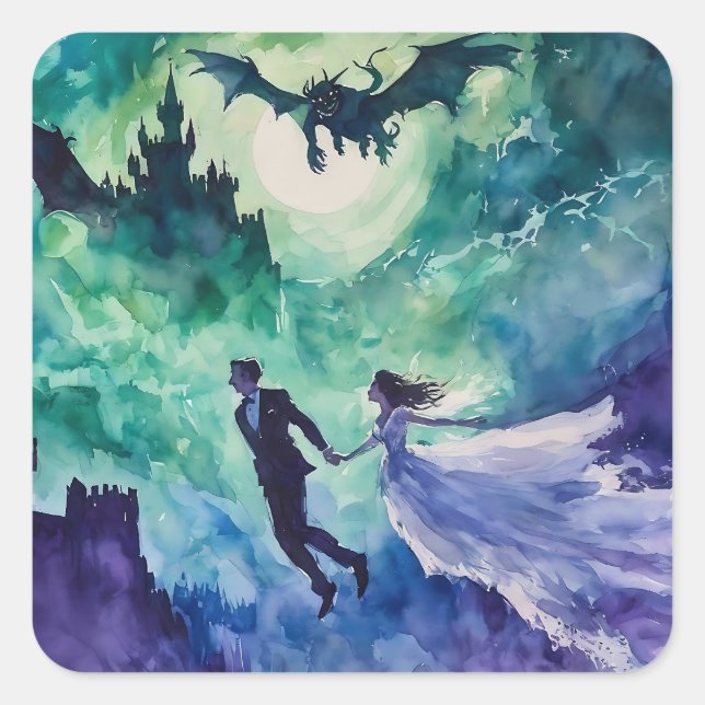 Flying Lovers - Aquarellmalerei Quadratischer Aufkleber (Vorderseite)