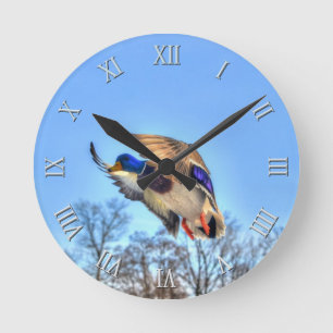 Flying Mallard Duck Drake Wildlife Foto Runde Wanduhr