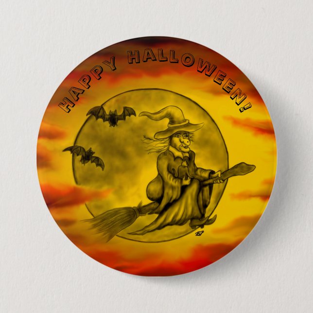Flying mit schwarzer Katze , halloween night Button (Vorderseite)